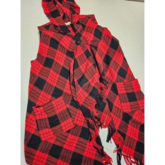 Rewind Red Black Buffalo Plaid Hooded Fringe Vest Scarf Front Plus Size 1X - Picture 3 of 7